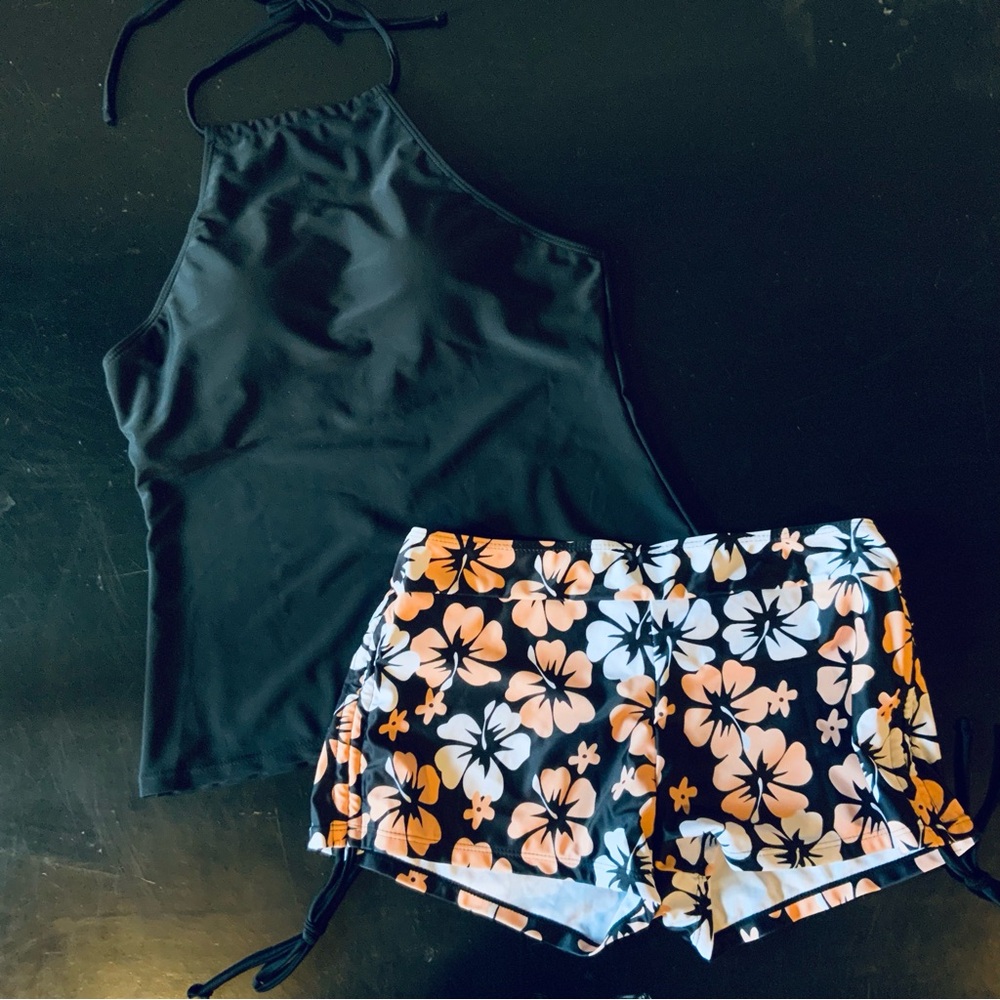 Black Halter Top with Floral Shorts